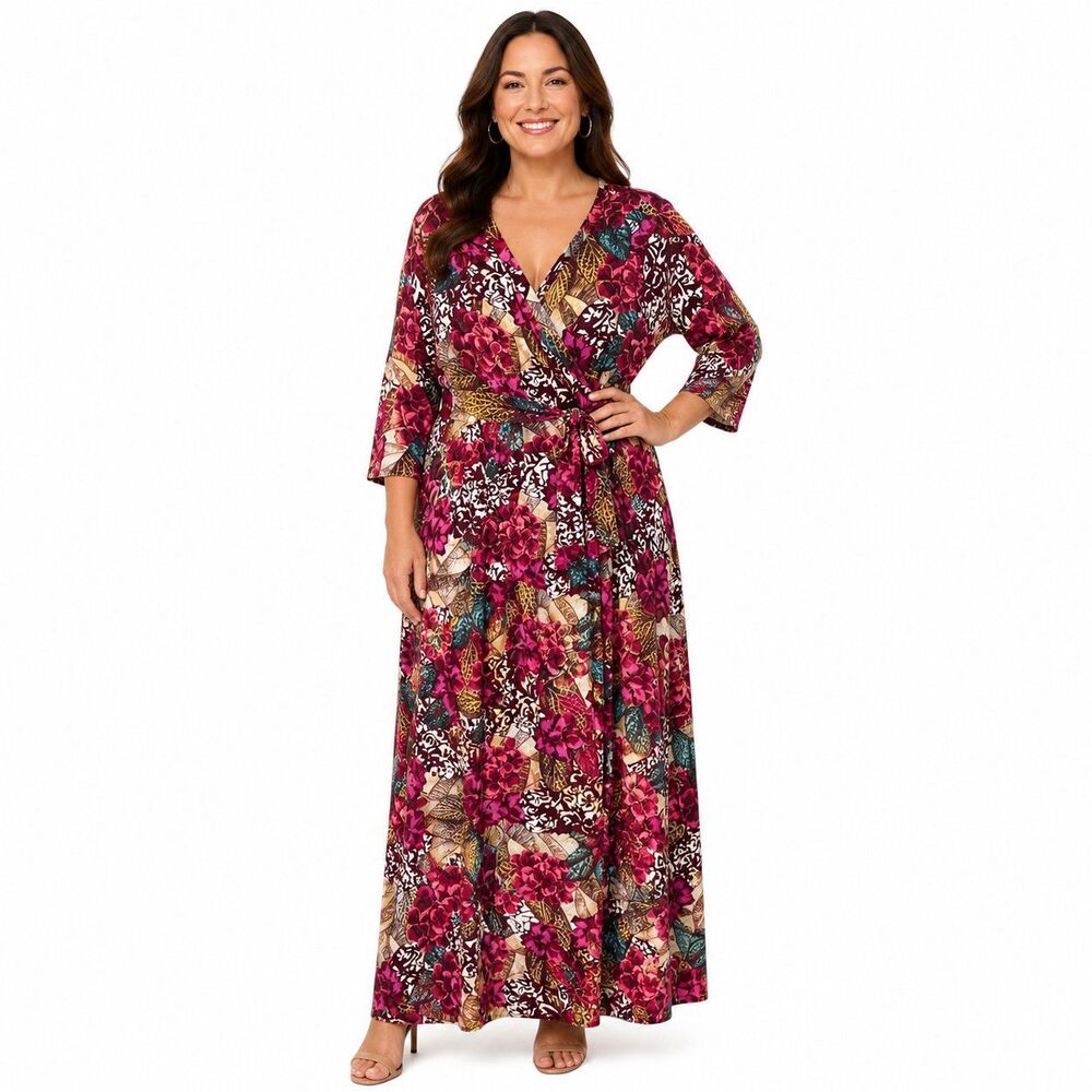 Soft Surroundings Maxi Dress Womens Tall Large Multicolor Floral Wrap 3/4 Sleeve